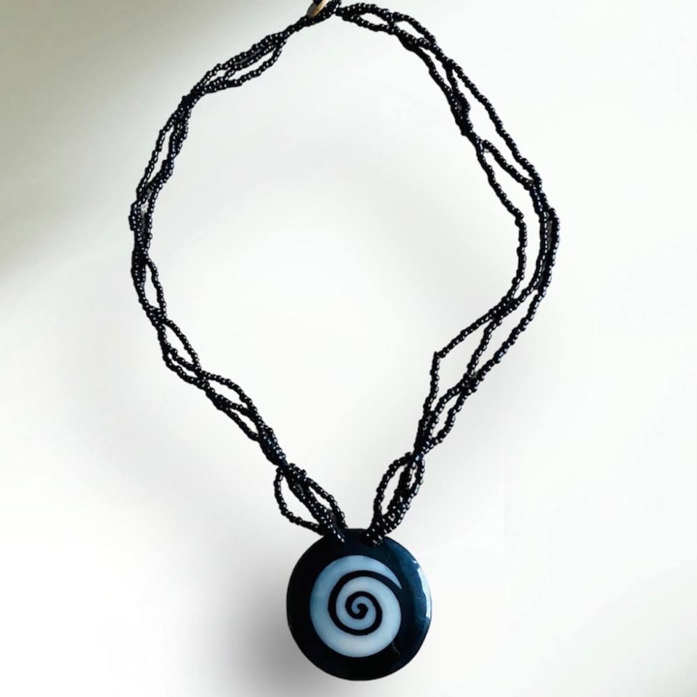 Vintage Black White Spiral Shell Pendant with Beaded Necklace